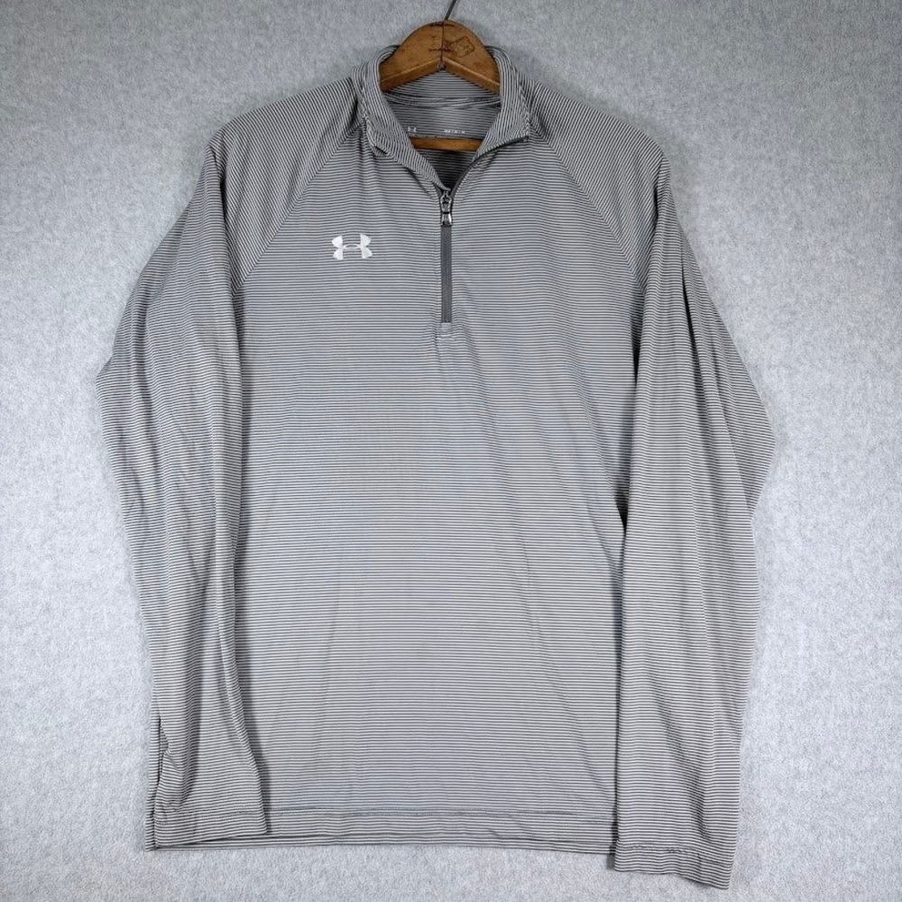 Under Armour 1/4 Zip Pullover Mens M Gray Striped HeatGear Loose Fit Long Sleeve